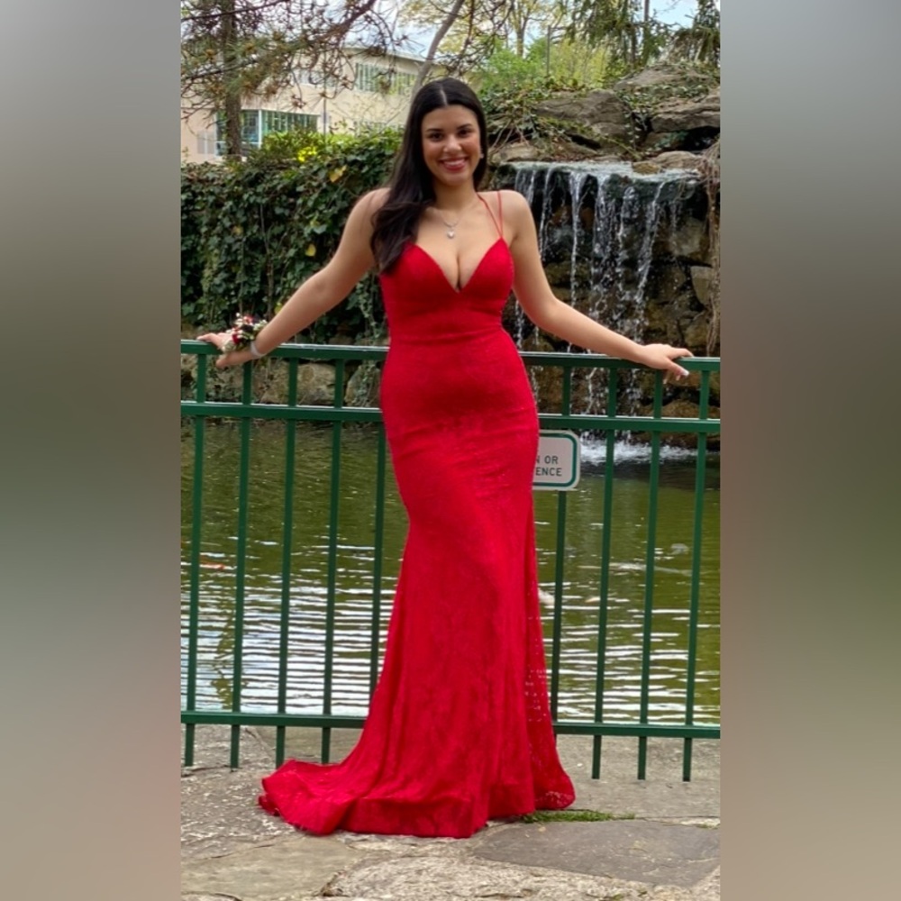 Sherri Hill Red Plunge Neck Prom Gown